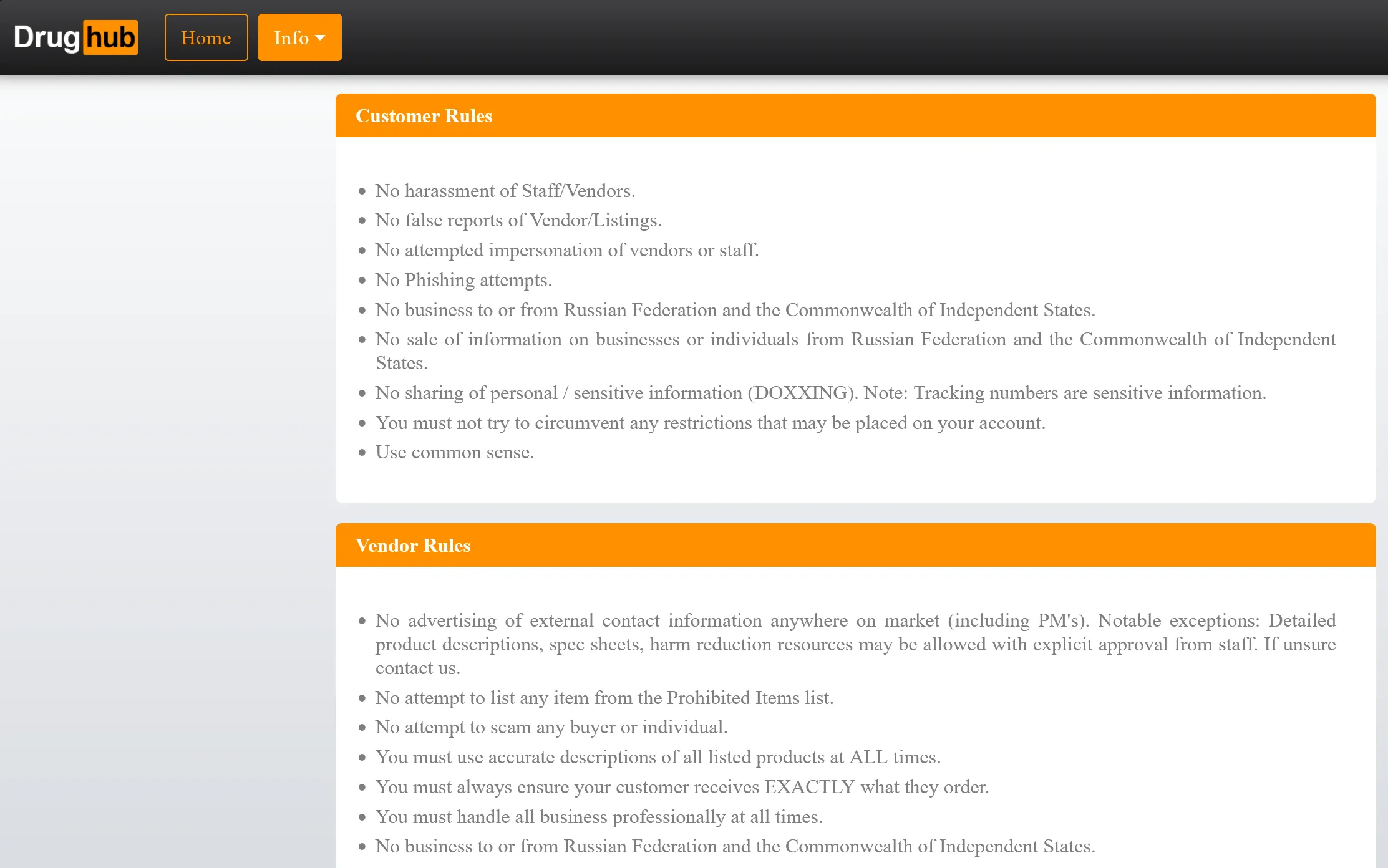 DrugHub market rules page captured during verification probe, listing the marketplace's published vendor and buyer conduct rules